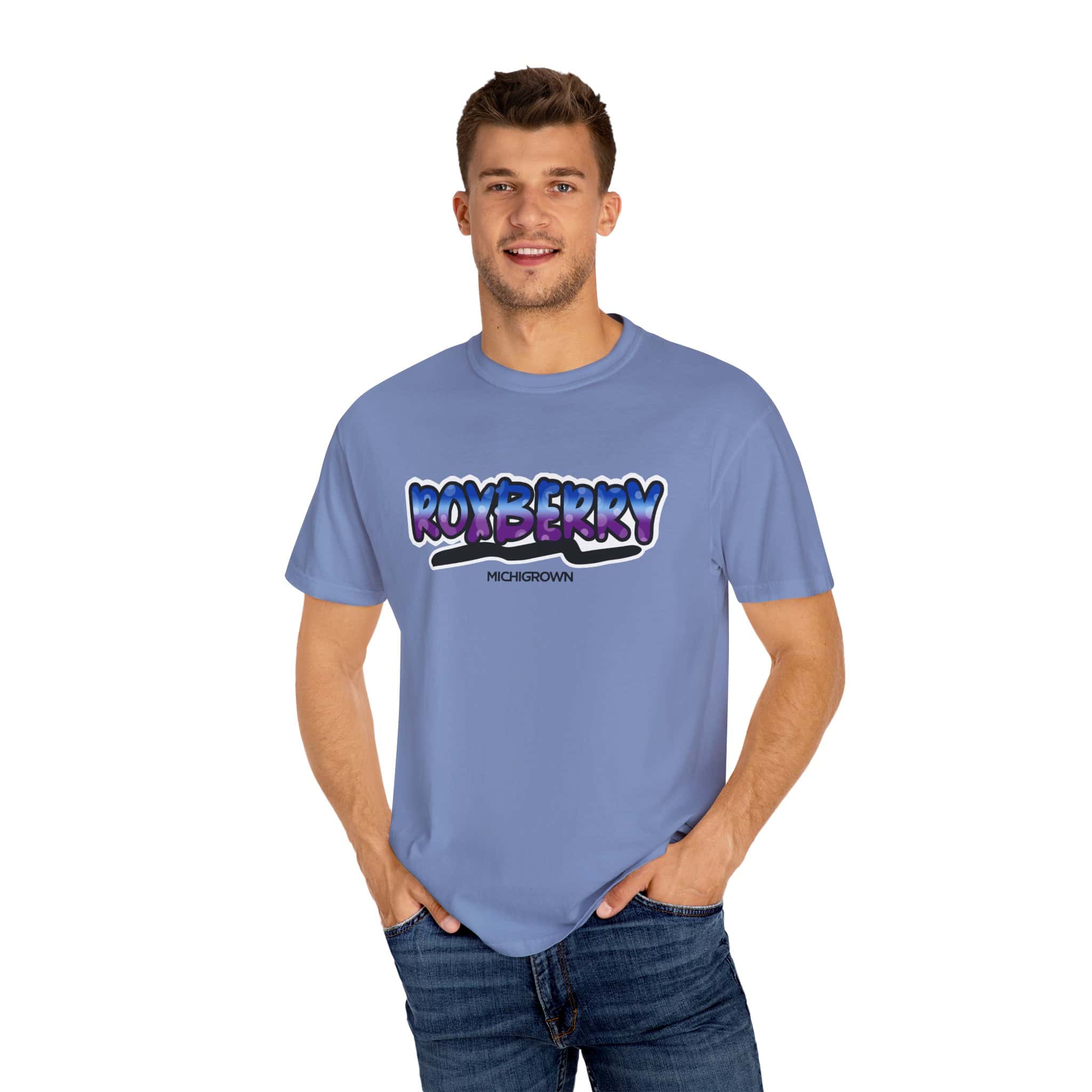 Men's blue Roxberry T-shirt with Michigrown logo and graphic design.
