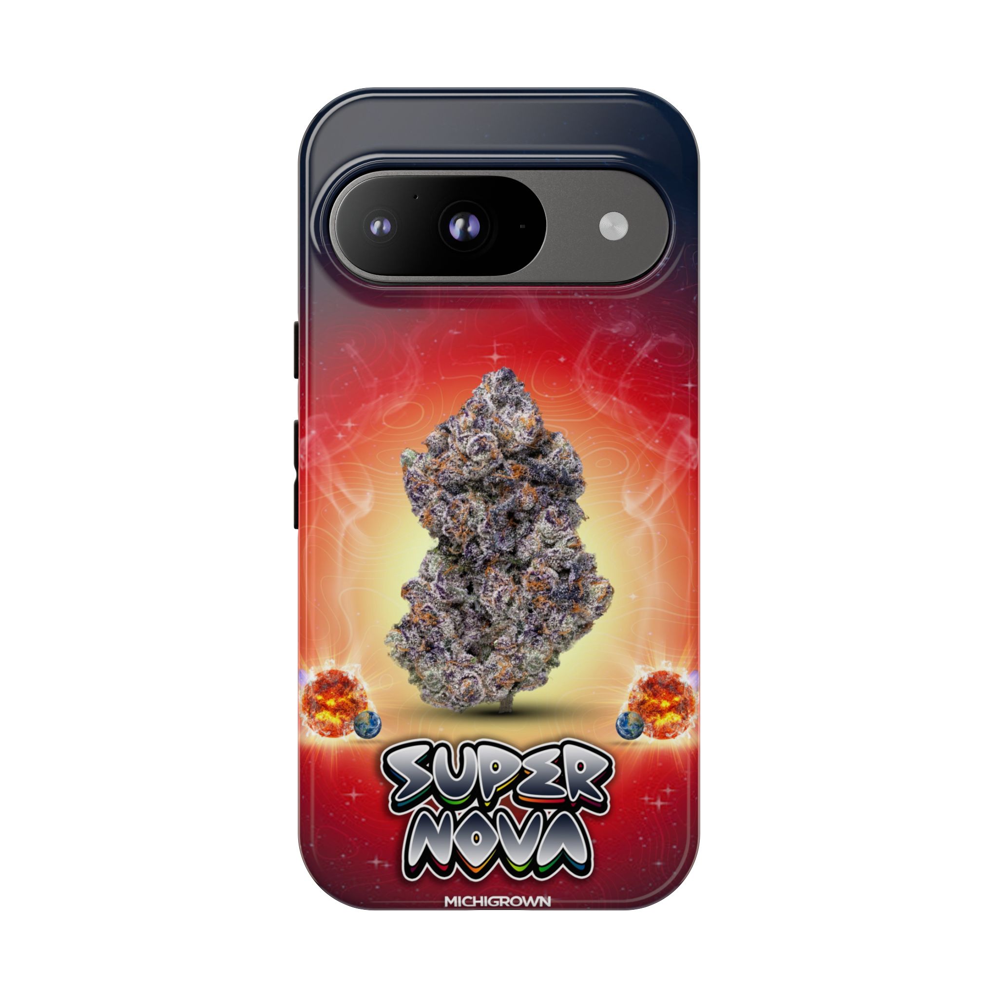 Phone case featuring a cannabis bud and Super Nova logo for Michigan cannabis enthusiasts.
