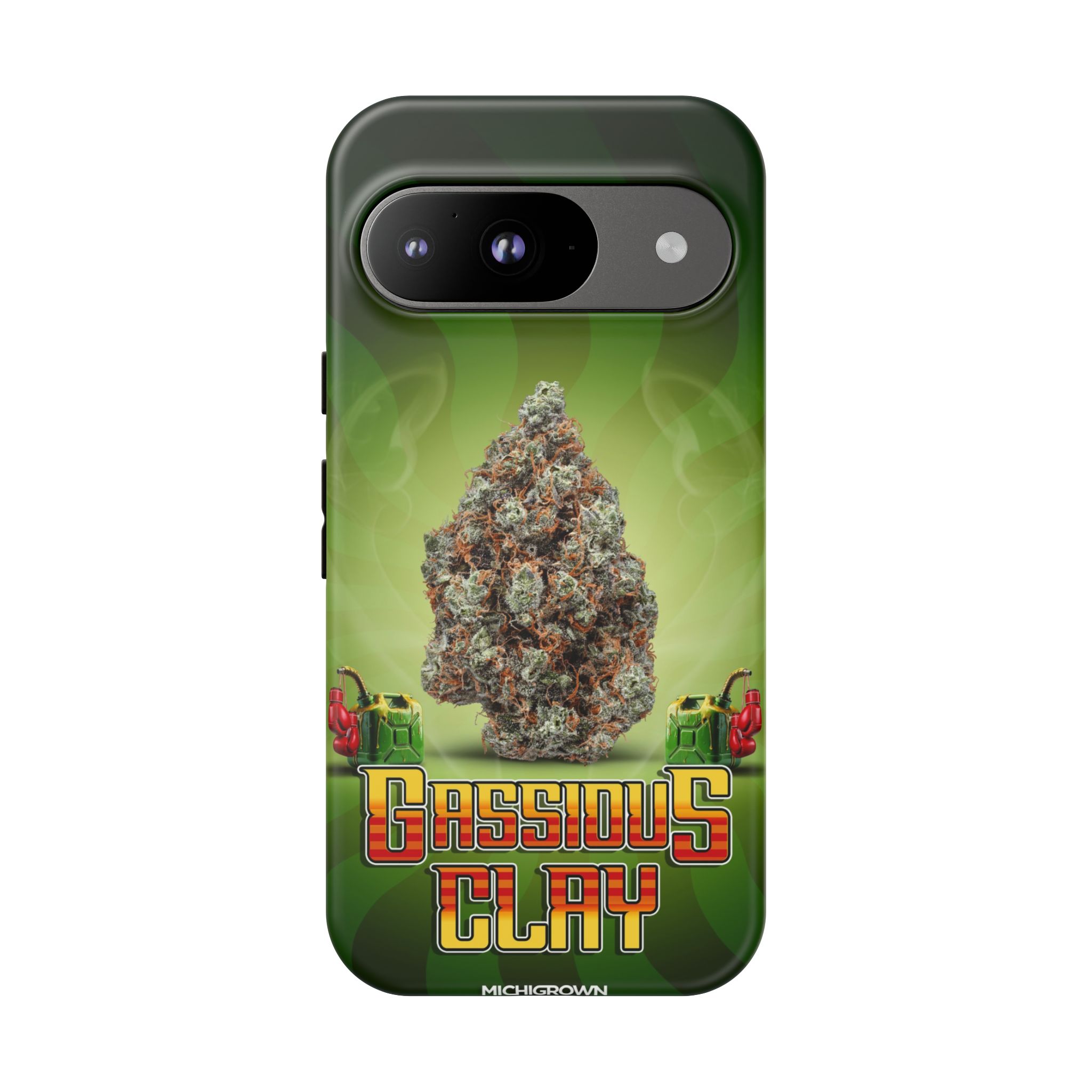 Phone case featuring Gassious Clay cannabis strain image and logo.