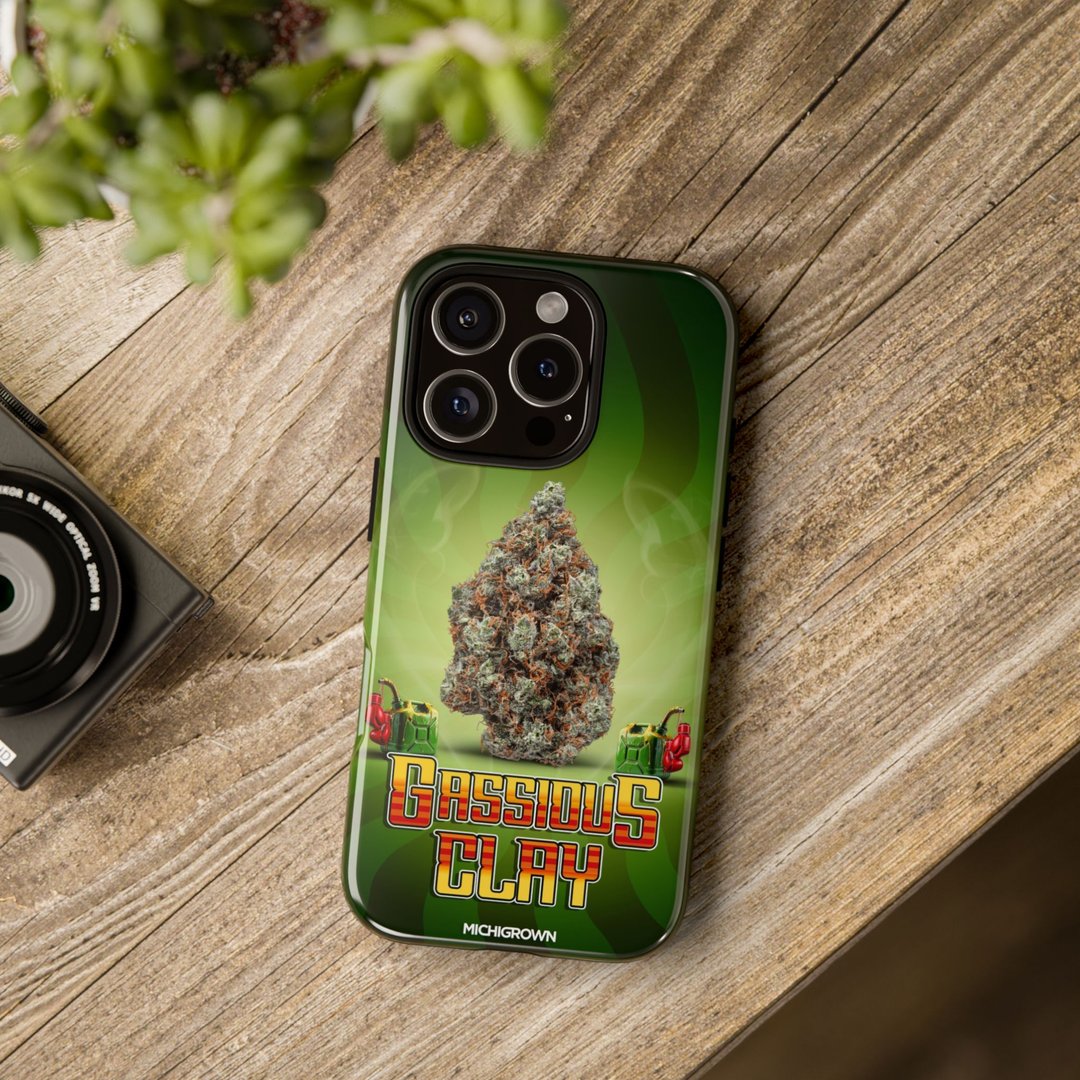 Phone case with Gassious Clay logo and cannabis leaf design.