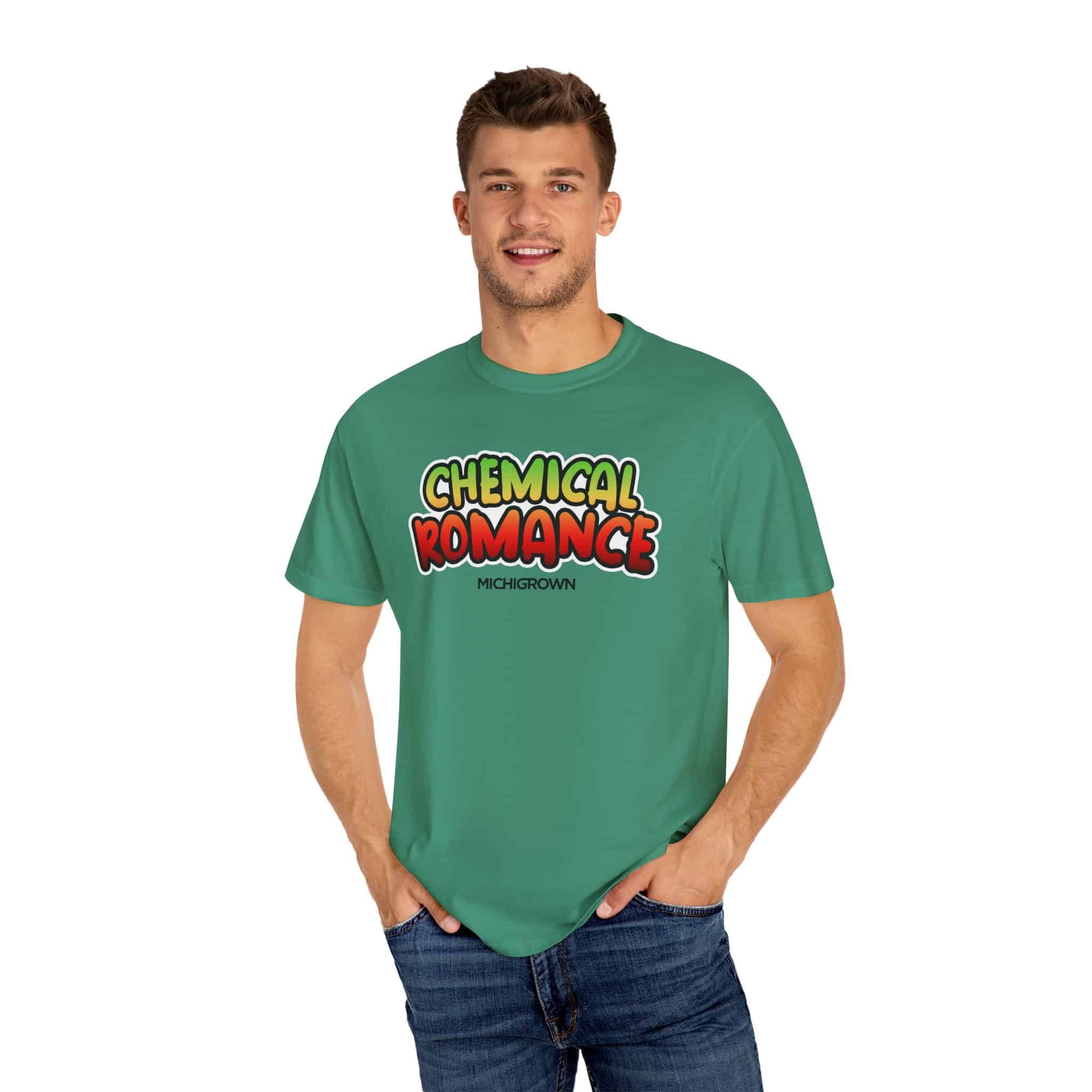 Men's green T-shirt with Chemical Romance graphic design.