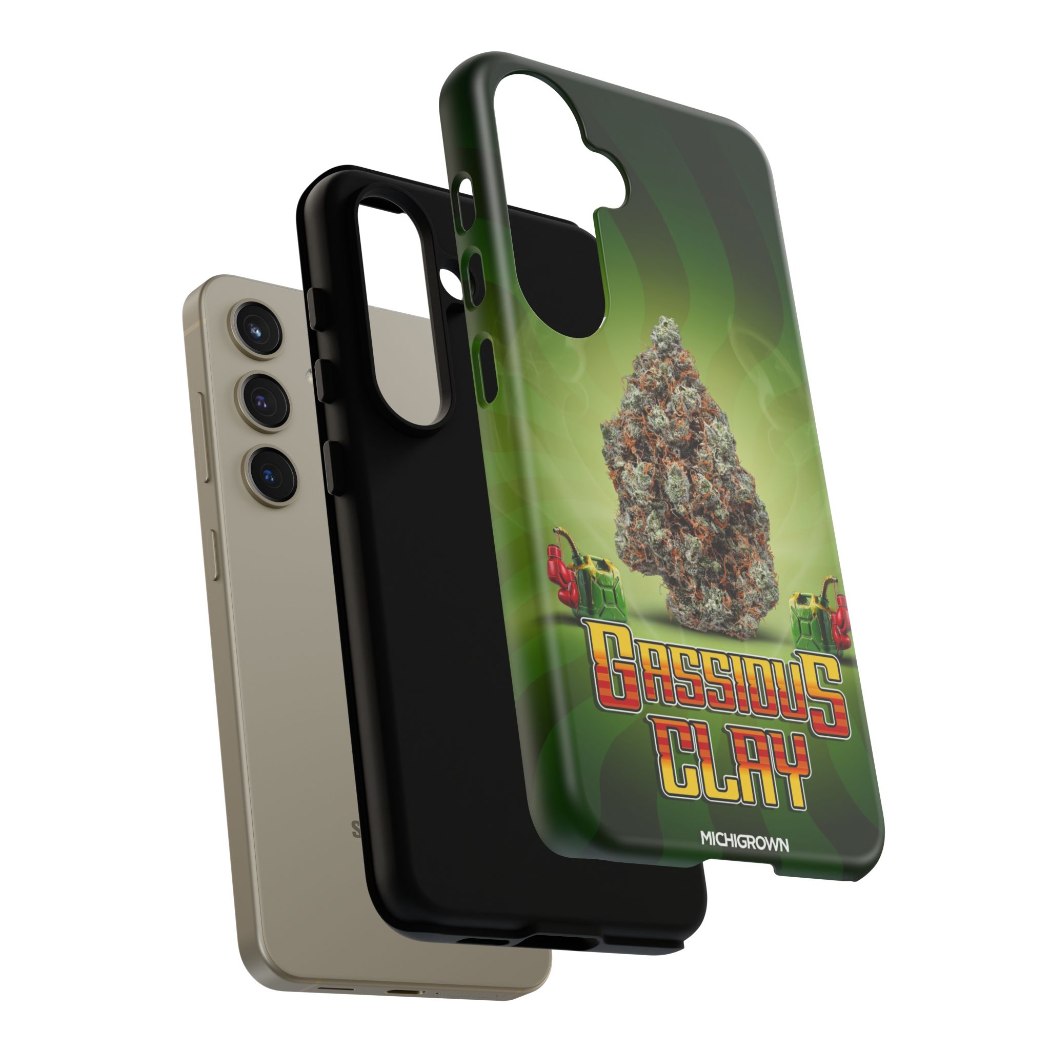 Custom Gassious Clay phone case with cannabis bud design for iPhone.
