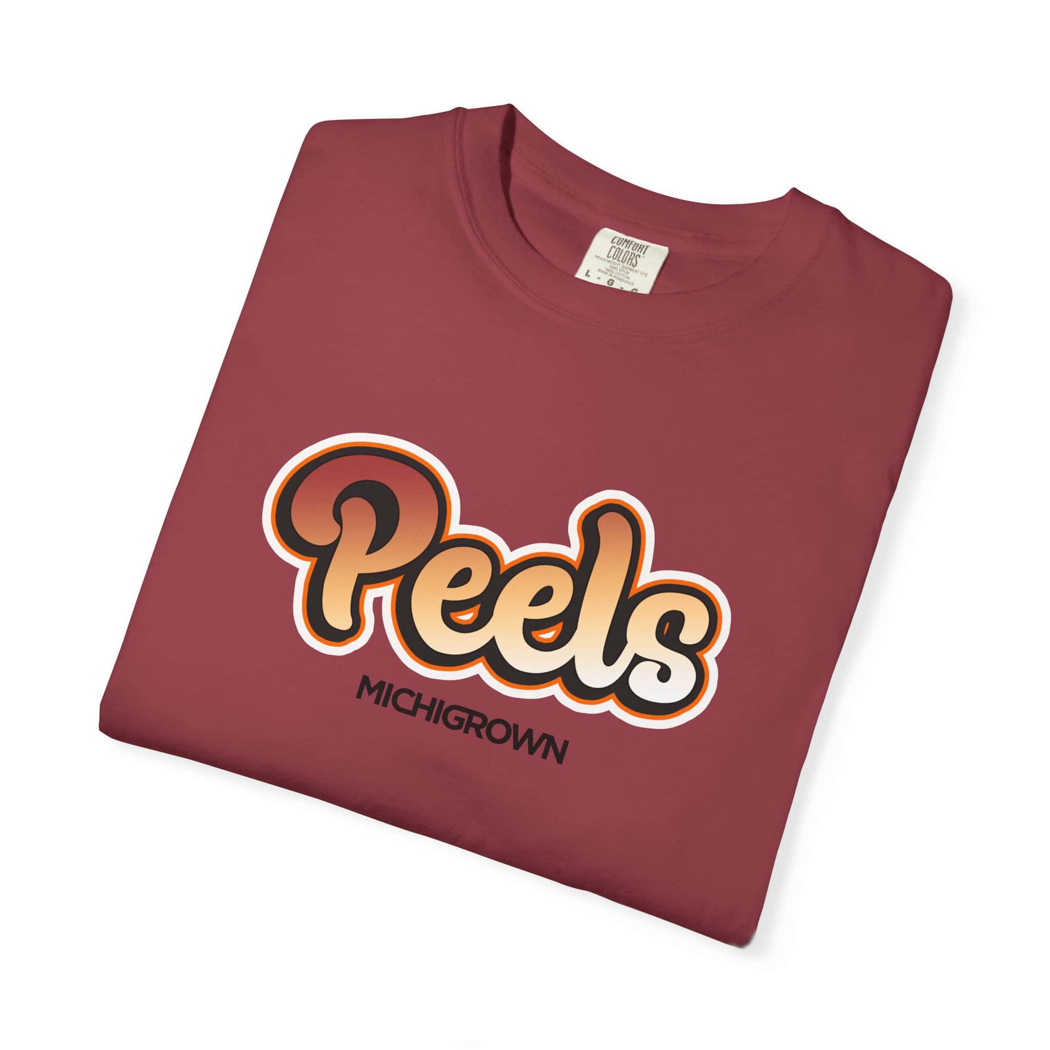 Red T-shirt with Michigrown Peels logo in bold font.
