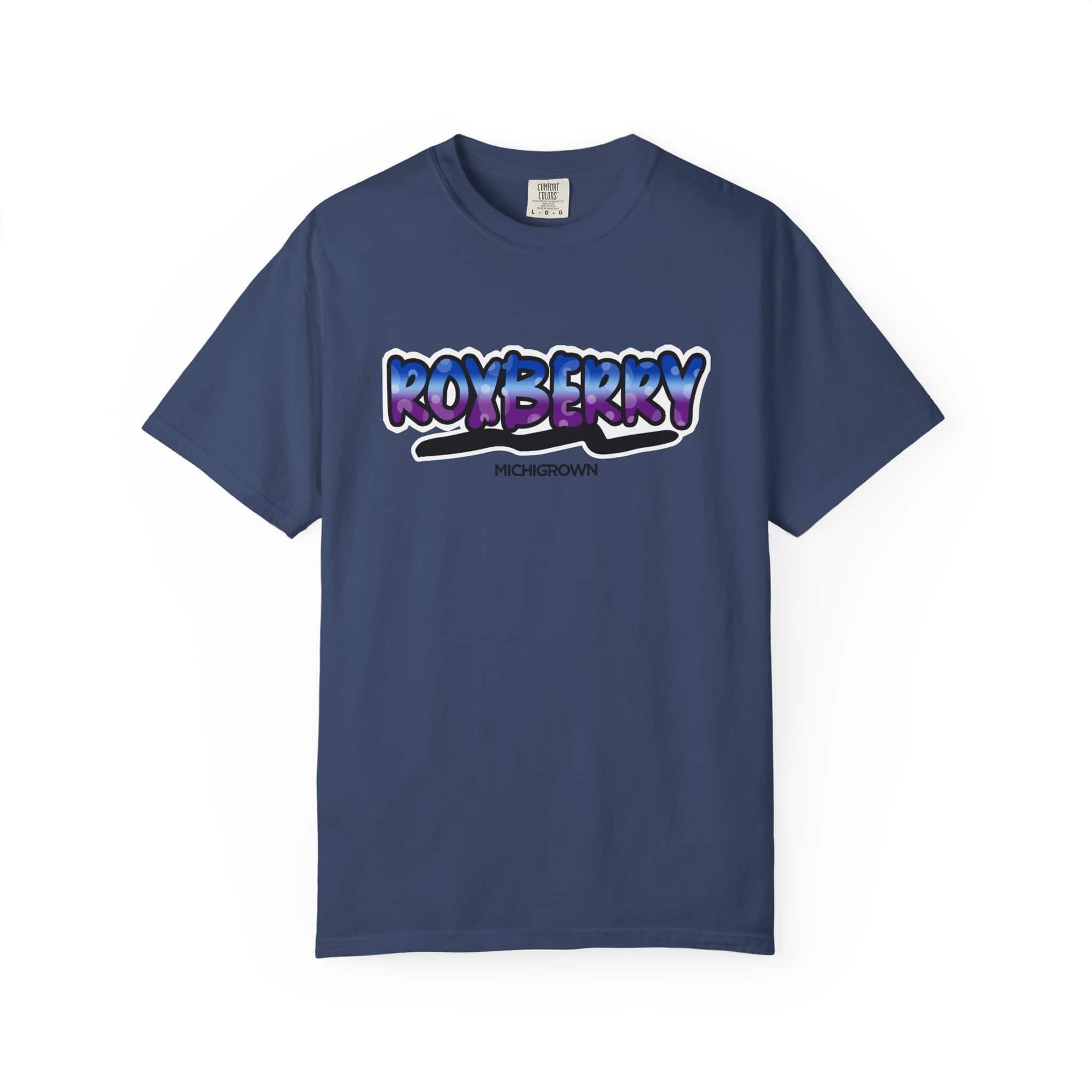 Blue Roxberry T-shirt with colorful logo design.