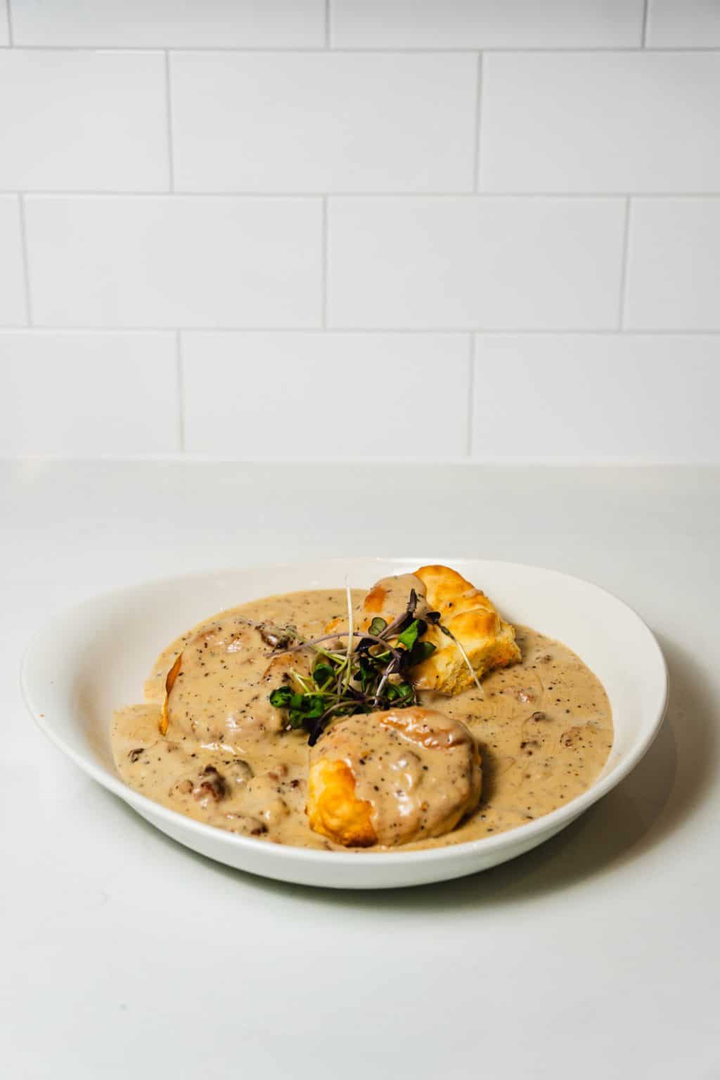 Buttermilk biscuits topped with sausage gravy.