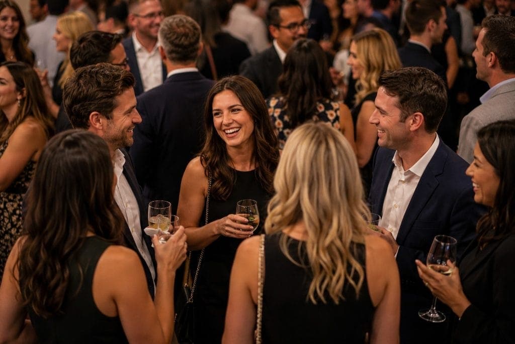 Elegant networking event with professionals socializing and drinking wine at a corporate gathering.
