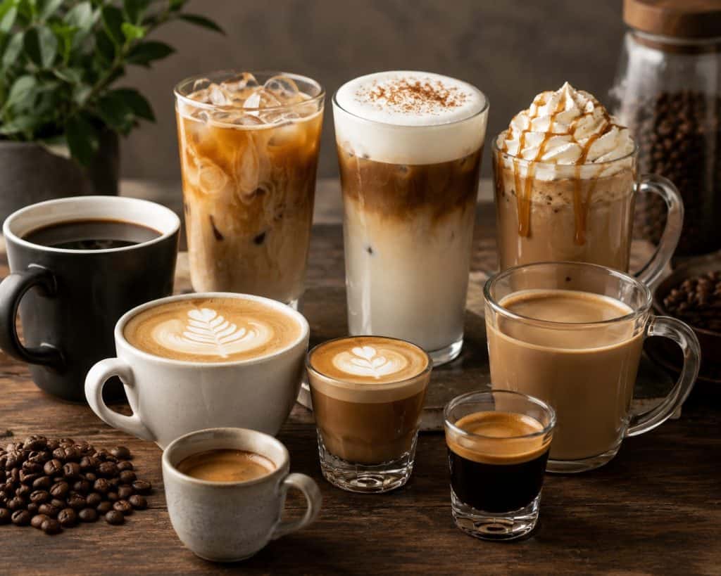 Delicious coffee beverages including lattes, cappuccinos, and iced coffee with whipped cream.