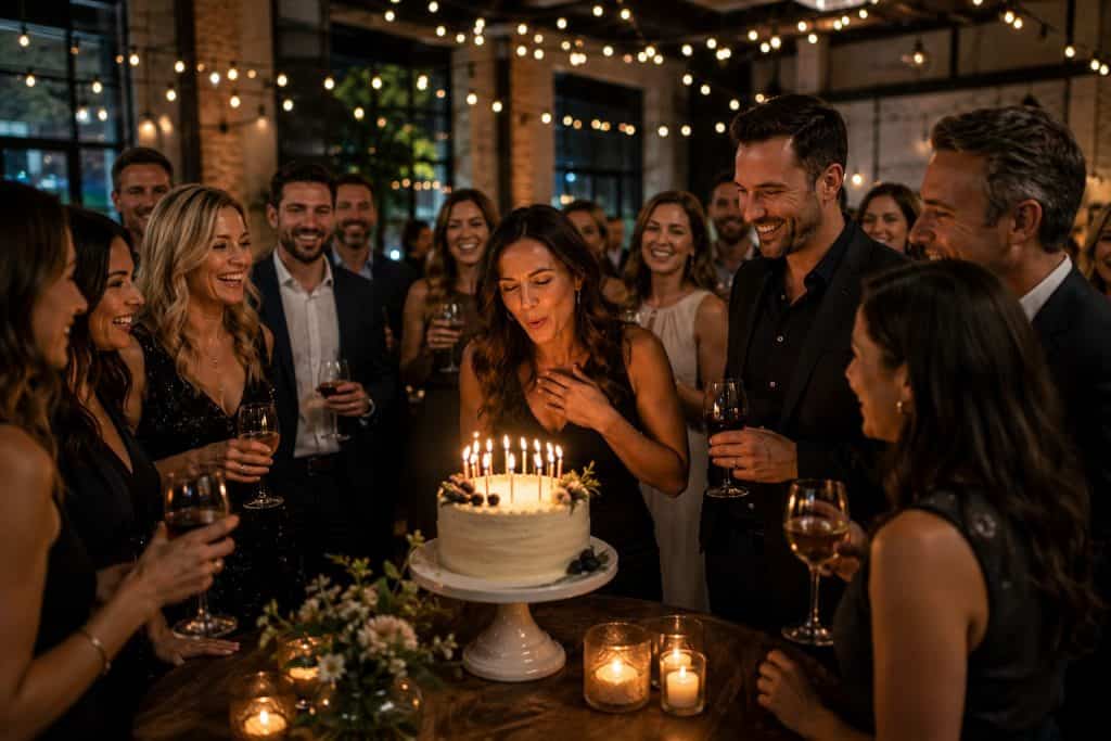 Group of friends celebrating birthday with cake and drinks in a cozy, festive setting.