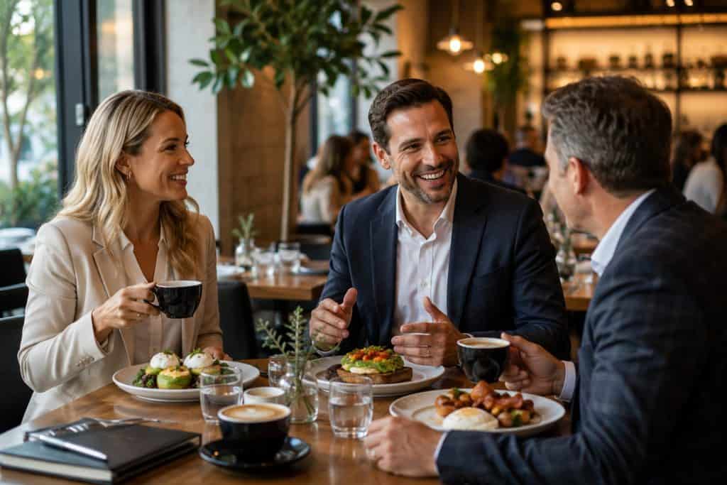 People enjoying a meal at Mudpenny restaurant, engaging in lively conversation and sharing food in a.
