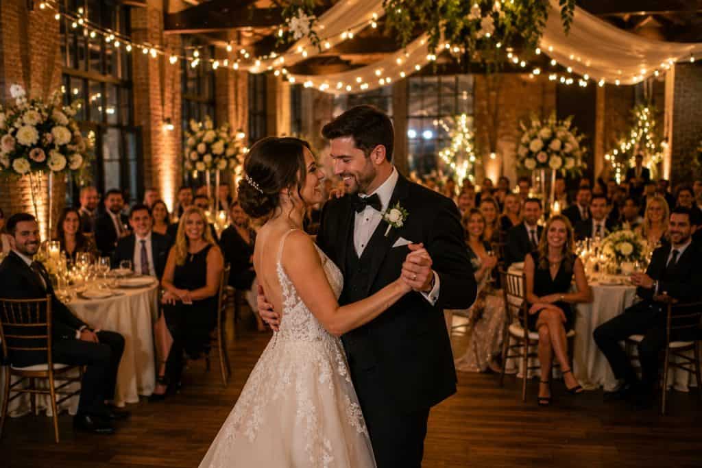 Romantic wedding dance scene featuring a bride and groom sharing a special moment at their reception.