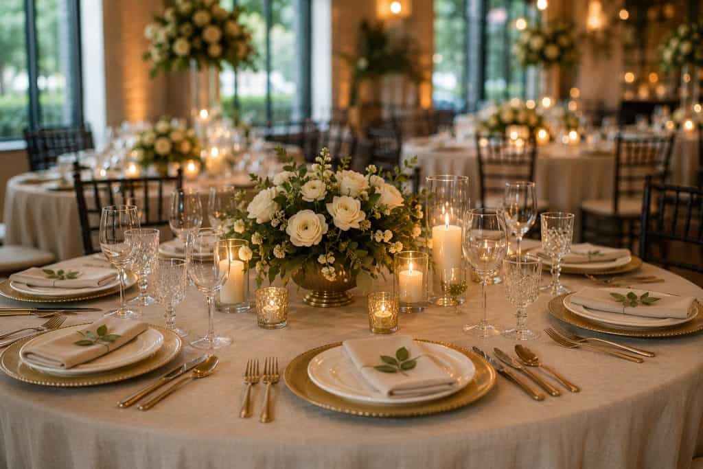 Wedding reception table with floral centerpiece and candlelit ambiance for elegant events.