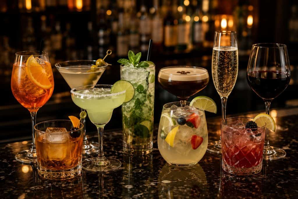 Assorted colorful cocktails with fresh fruit garnishes on a bar counter, showcasing a variety of mix.