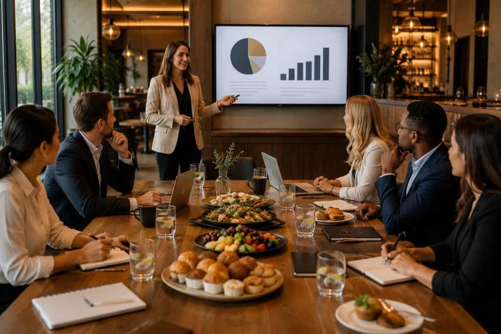 Business presentation with diverse team in modern conference room.