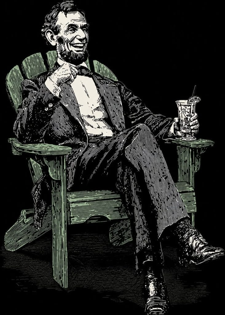 Relaxed man in a suit enjoying a drink while sitting comfortably in a green Adirondack chair.