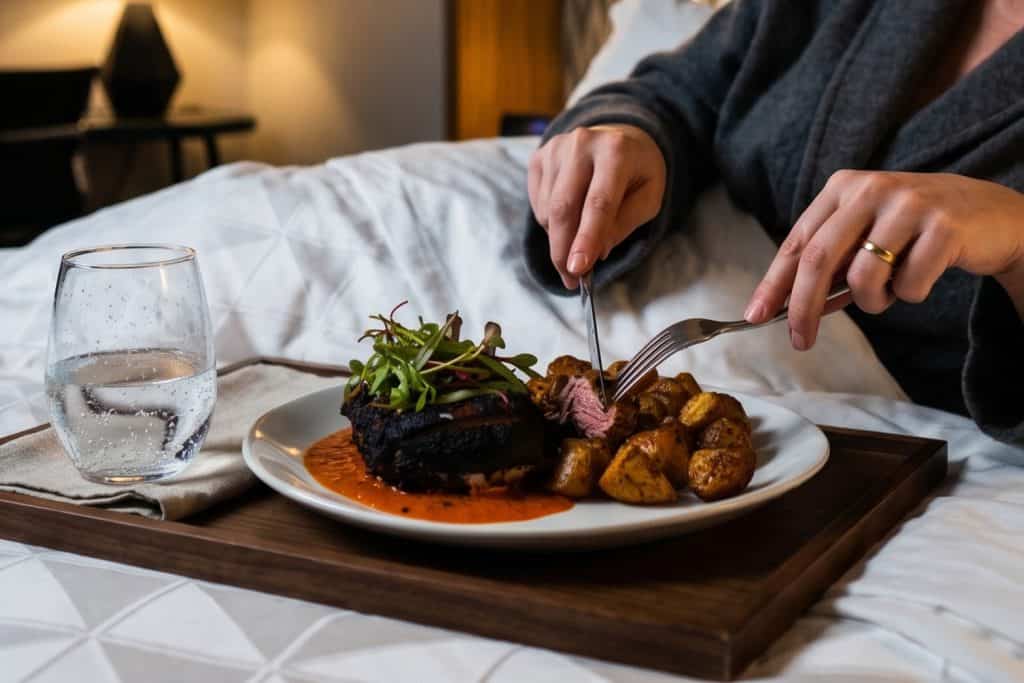 Luxury hotel room service meal with steak, potatoes, and greens on a tray.