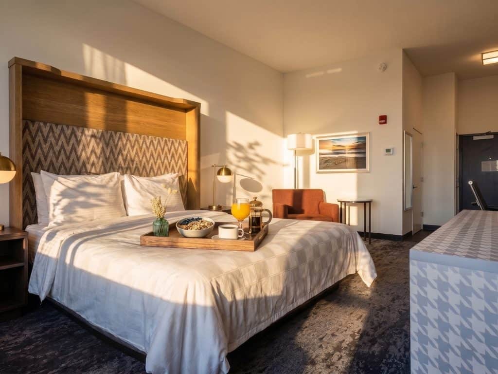 Comfortable hotel room with a large bed, warm lighting, and stylish decor.