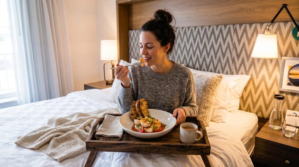 Woman enjoying breakfast in bed with room service at Mudpenny hotel.