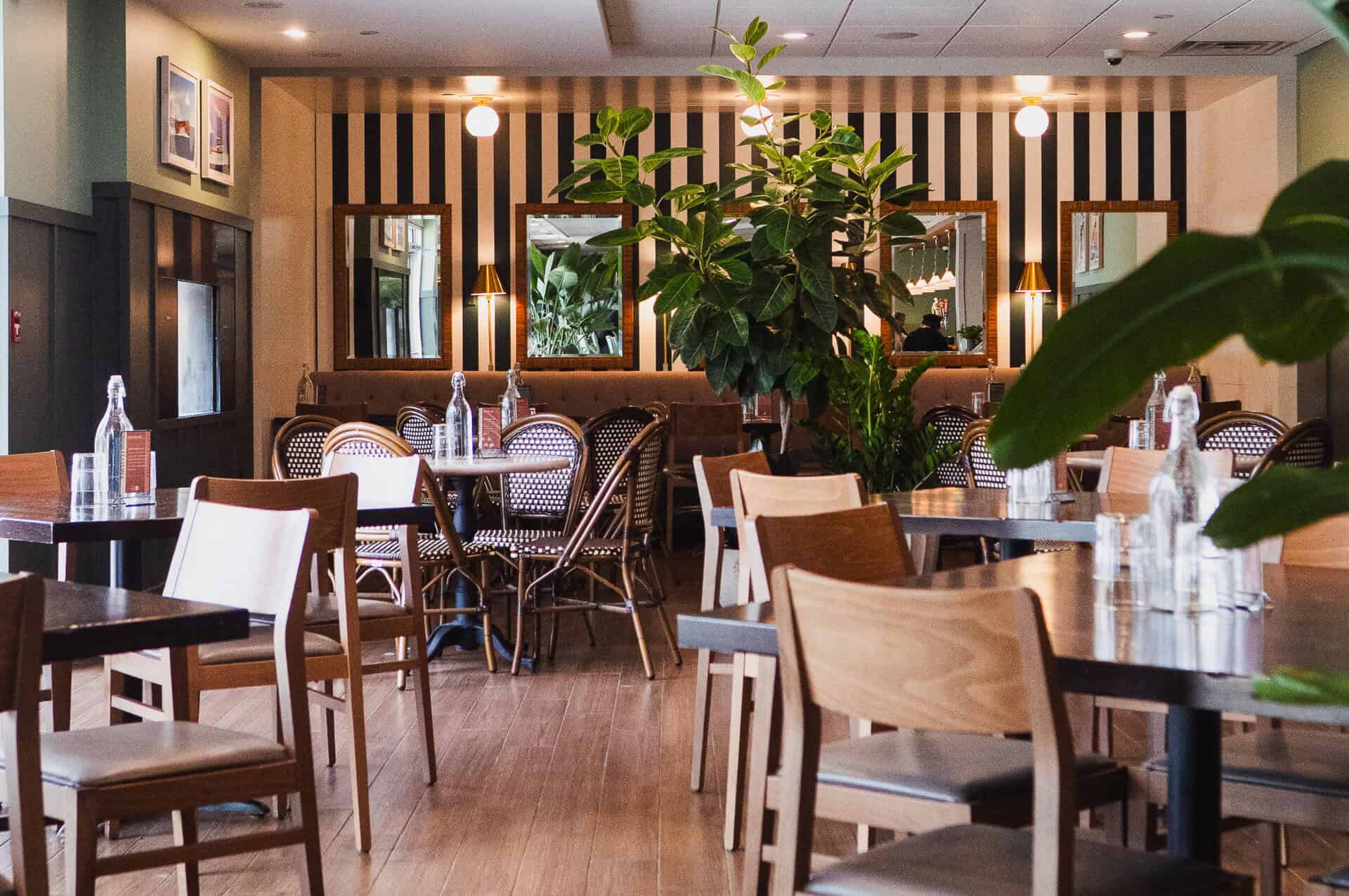 Bright restaurant dining area with wooden furniture, lush plants, and stylish lighting for a welcomi.