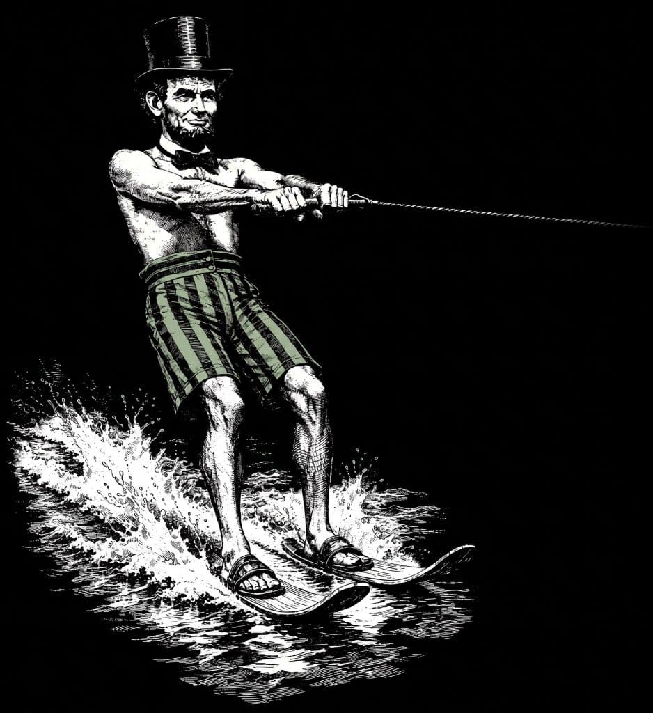 Man water skiing on Spring Lake with vintage style illustration.