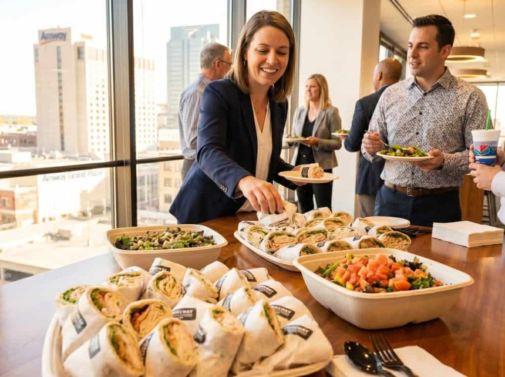 Catering buffet with sandwiches and salads at Mudpenny event.