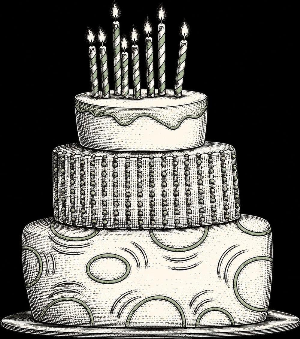 Decorative birthday cake with lit candles for celebration.