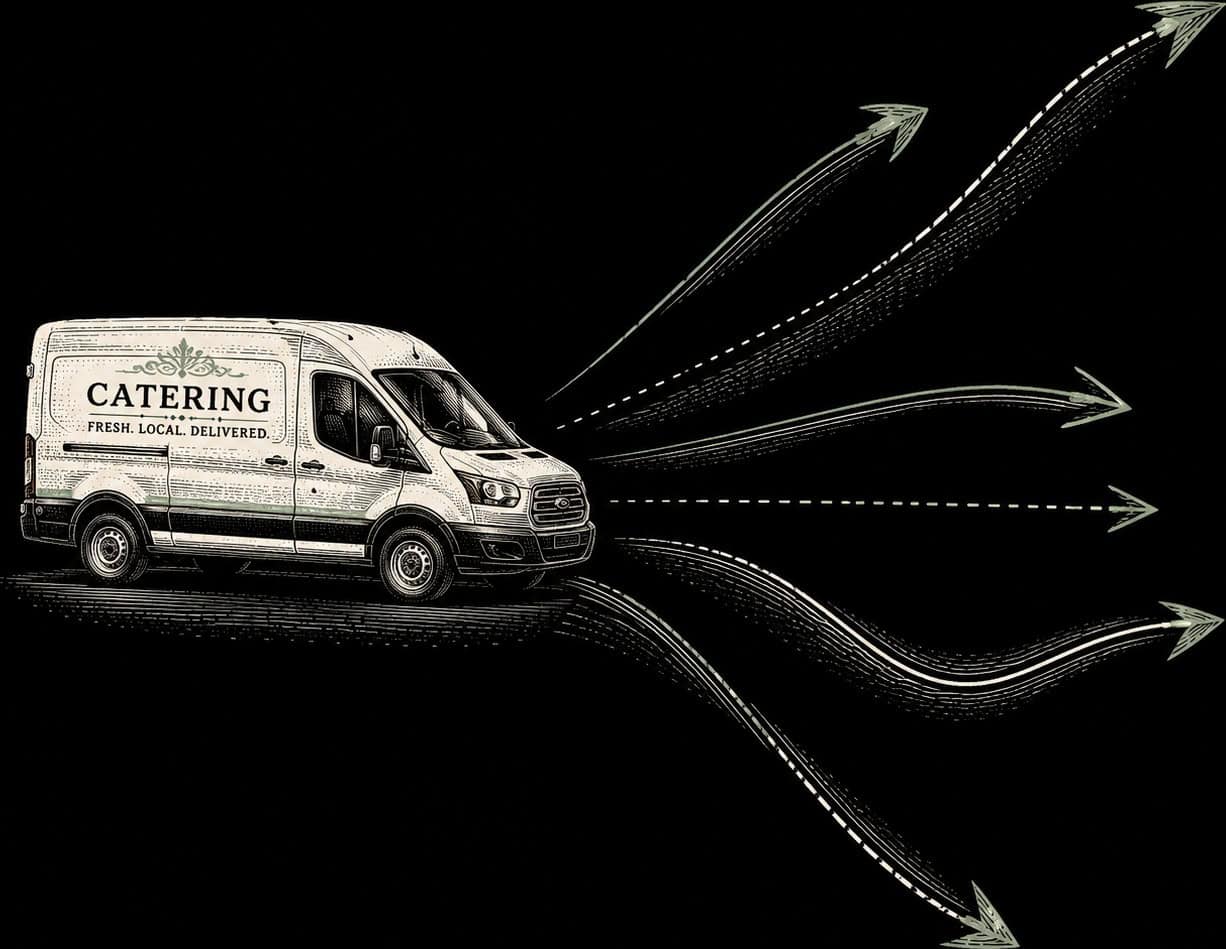 Catering delivery van with multiple arrows symbolizing fast, efficient food service.