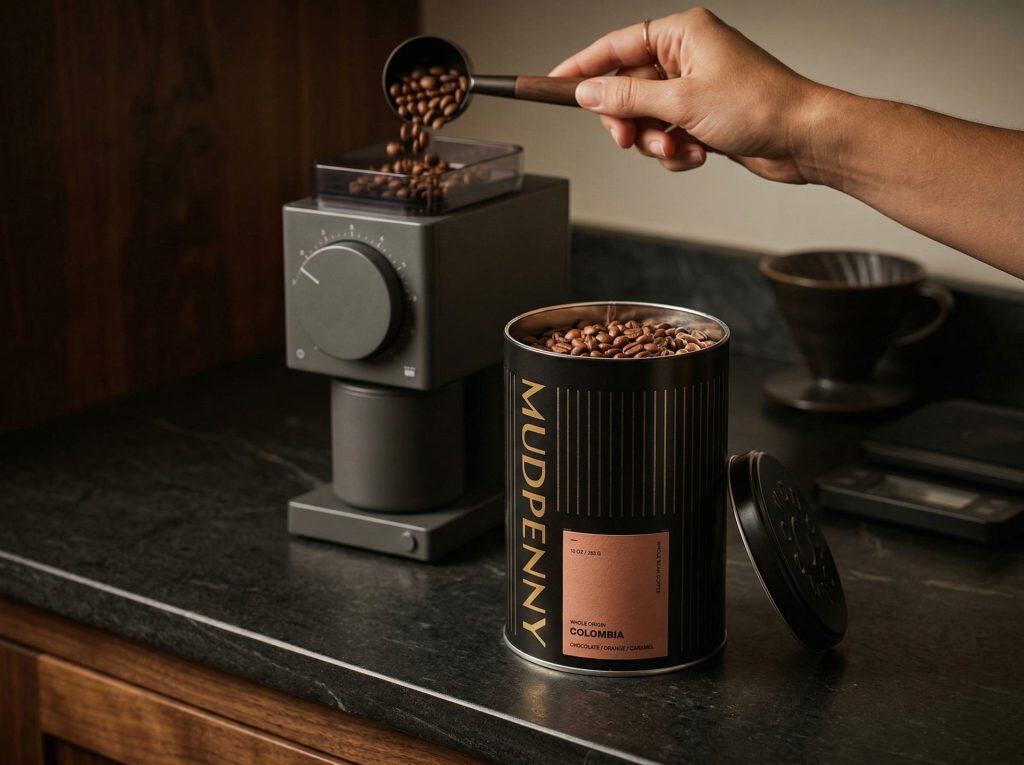 Coffee beans being poured into a grinder with Mudpenny branding.