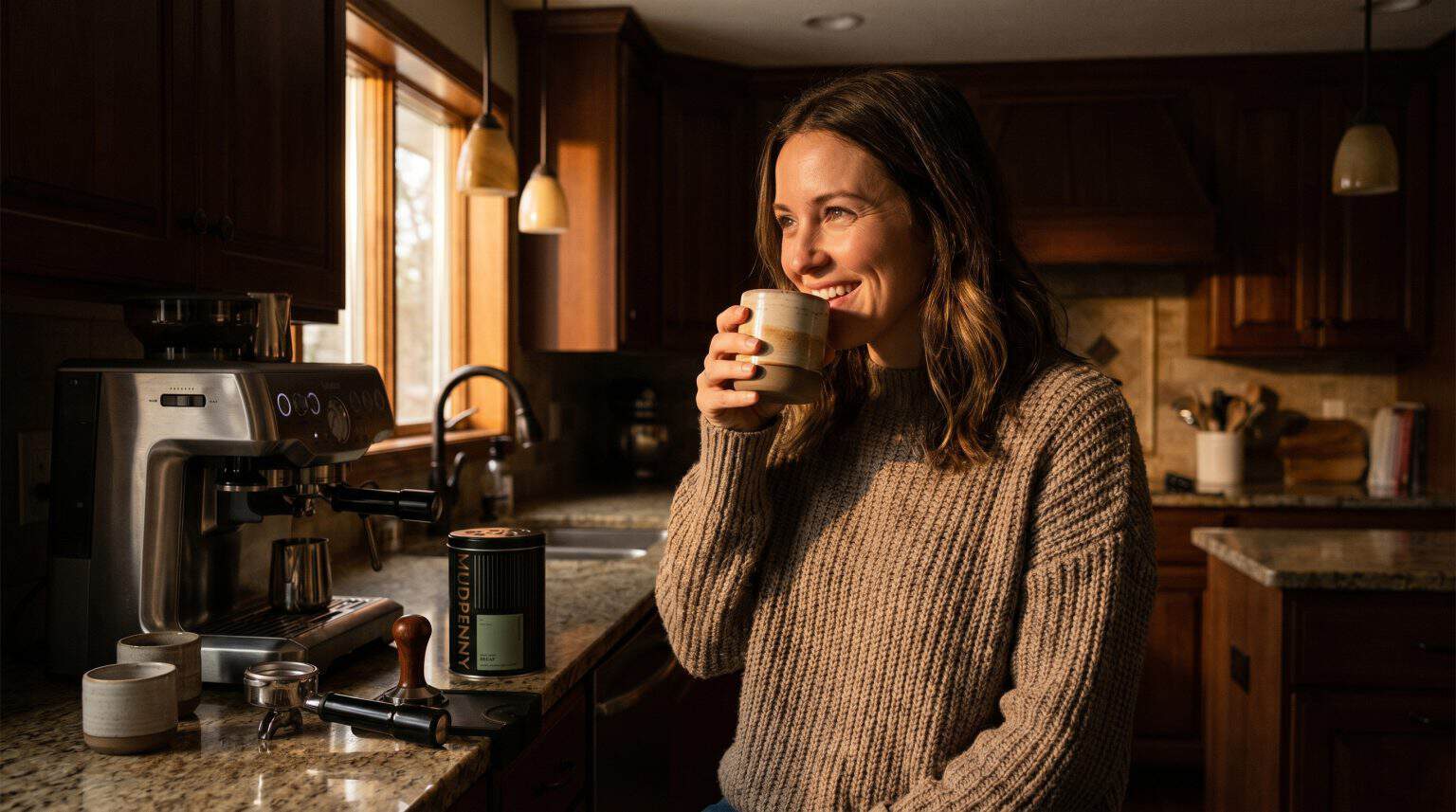 Enjoying a warm coffee in a cozy kitchen setting.