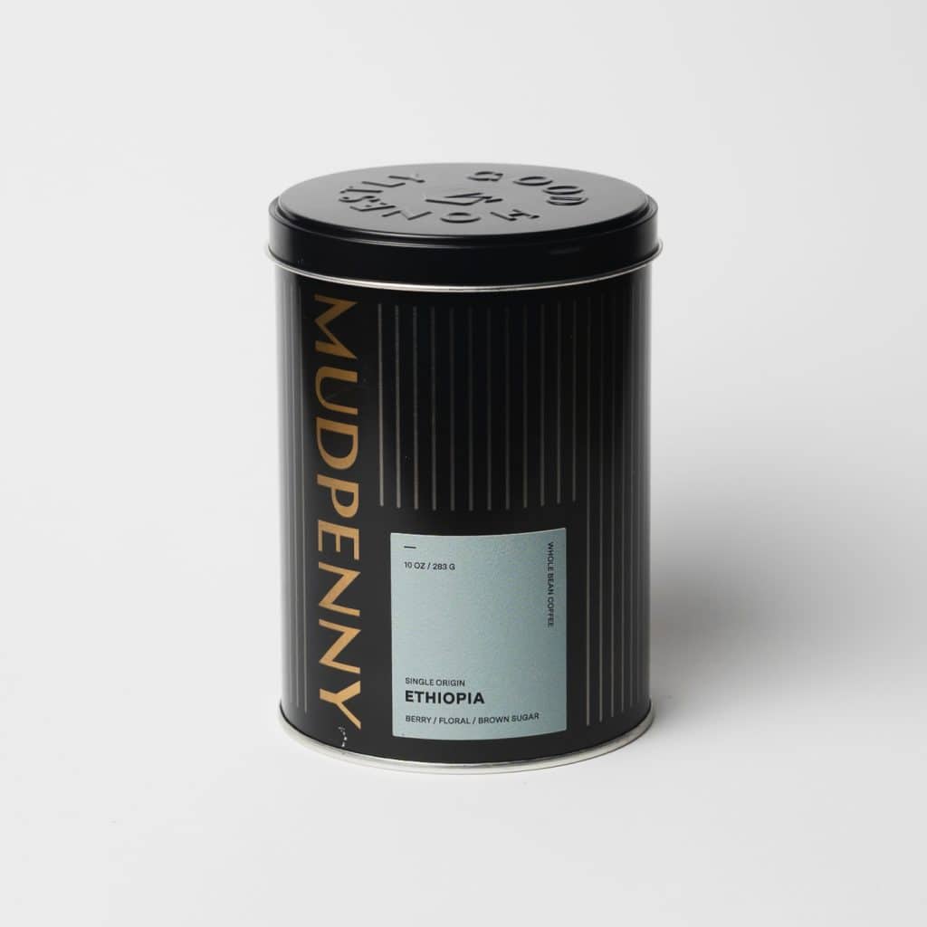 Mudpenny decaf coffee tin with Ethiopia single origin label.