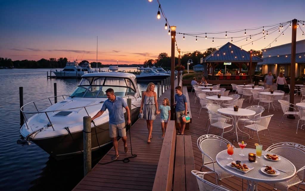 Beautiful evening scene at Spring Lake with boats, outdoor dining, and string lights. Perfect for re.