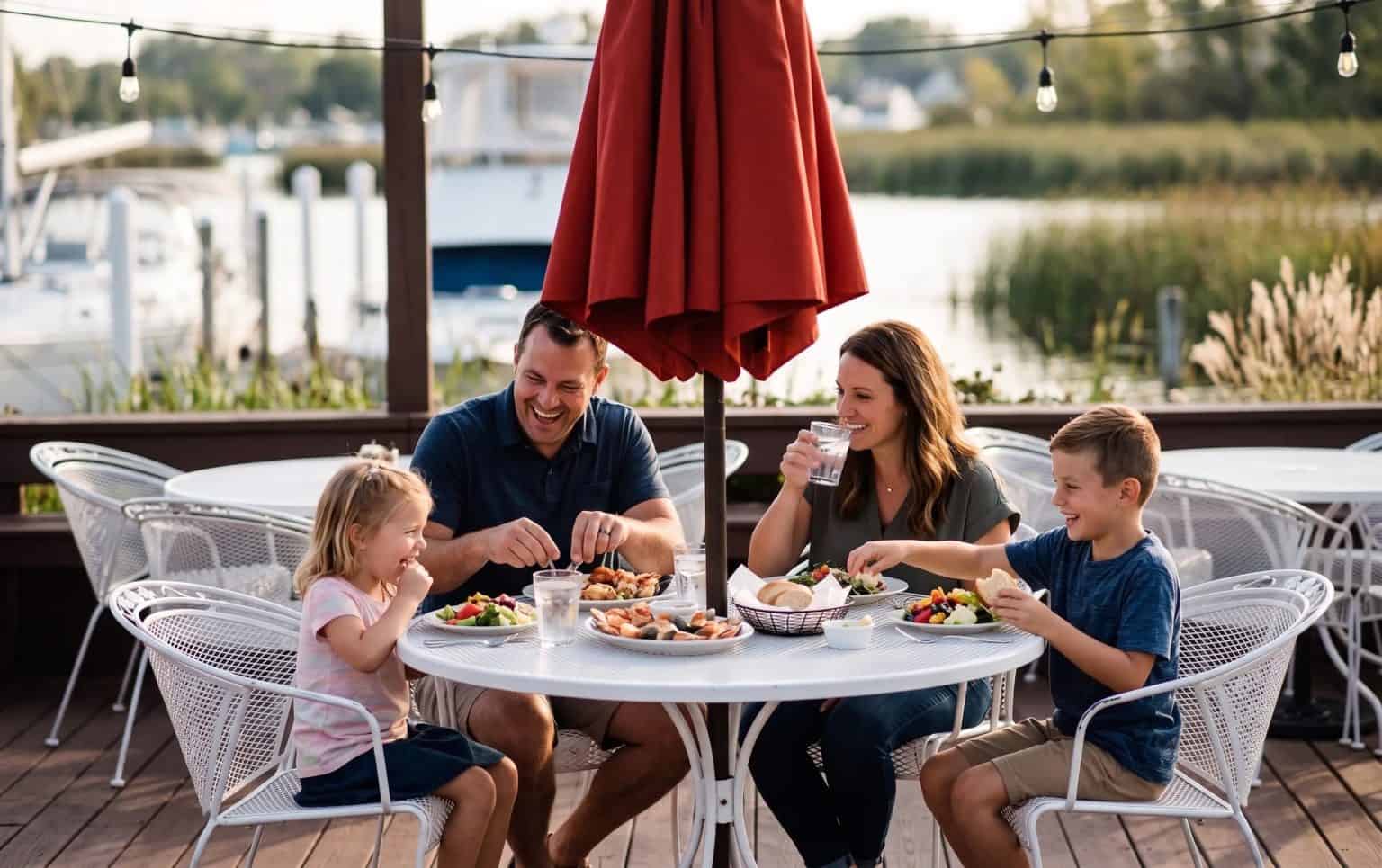 Outdoor family dining at Spring Lake with kids and parents enjoying meals by the water.
