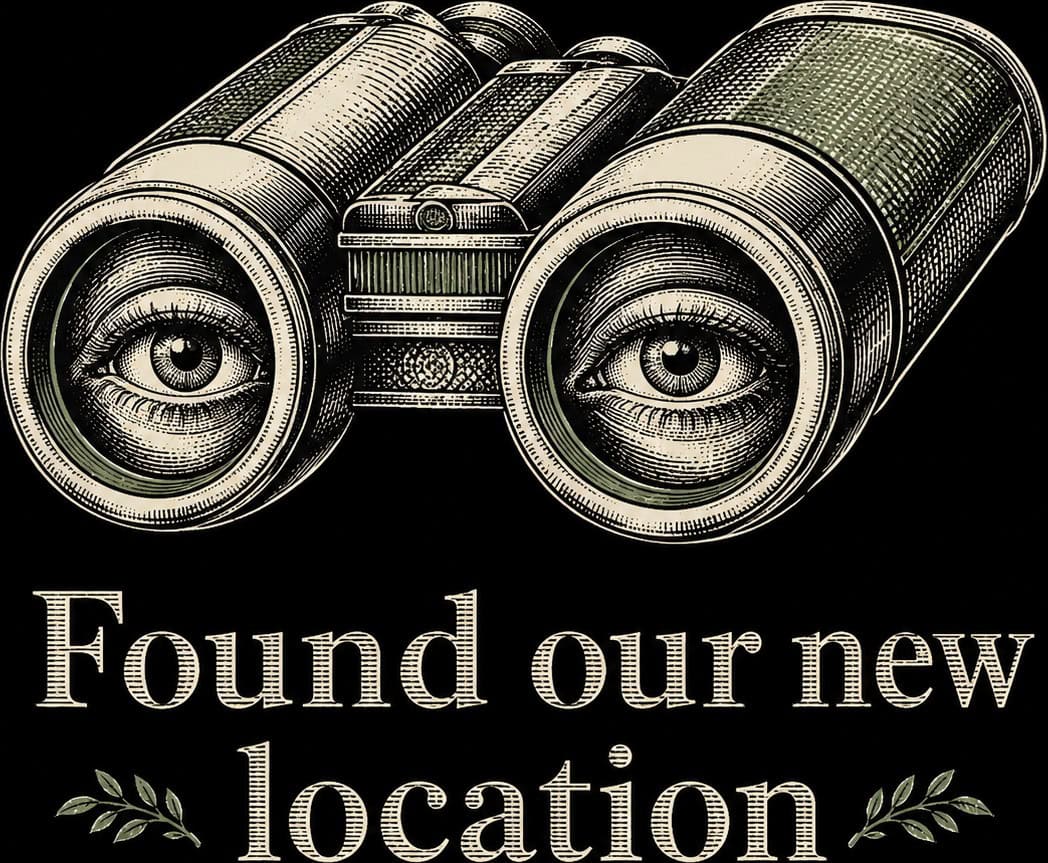 Illustration of binoculars with human eyes and "Found our new location" text.
