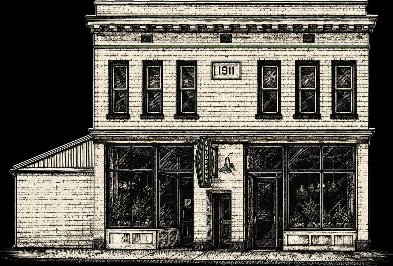 Historic brick building with Mudpenny signage and large storefront windows.