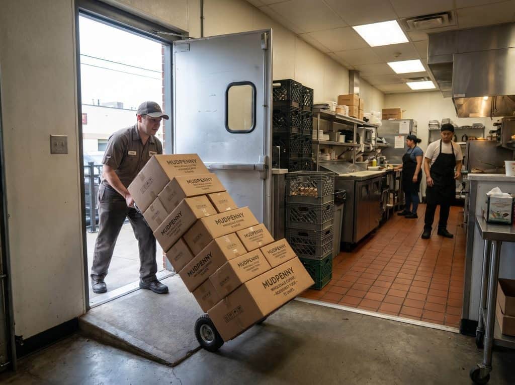 Warehouse worker delivering boxes of wholesale products at Mudpenny.