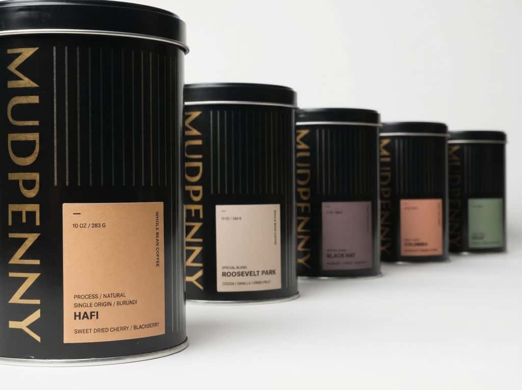 Assorted Mudpenny whole bean coffee tins in a row.