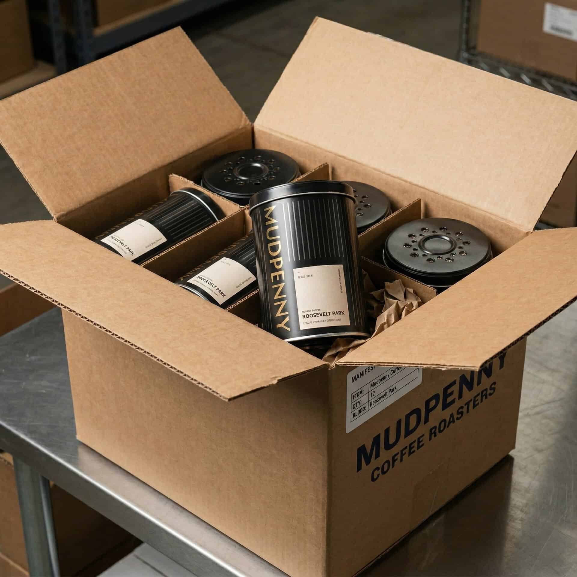 Wholesale coffee cans in a Mudpenny box ready for distribution.
