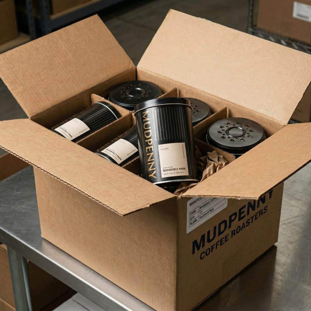 Bulk coffee cans in a Mudpenny Coffee Roasters box for shop orders.
