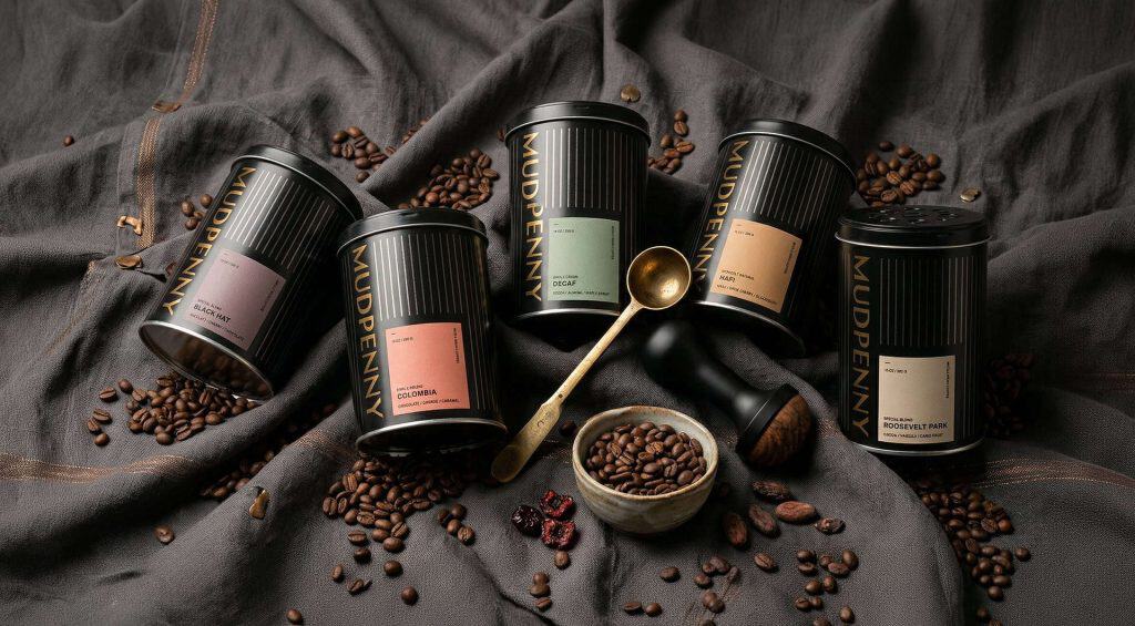 Premium Mudpenny coffee jars with roasted beans and a gold spoon on dark fabric.