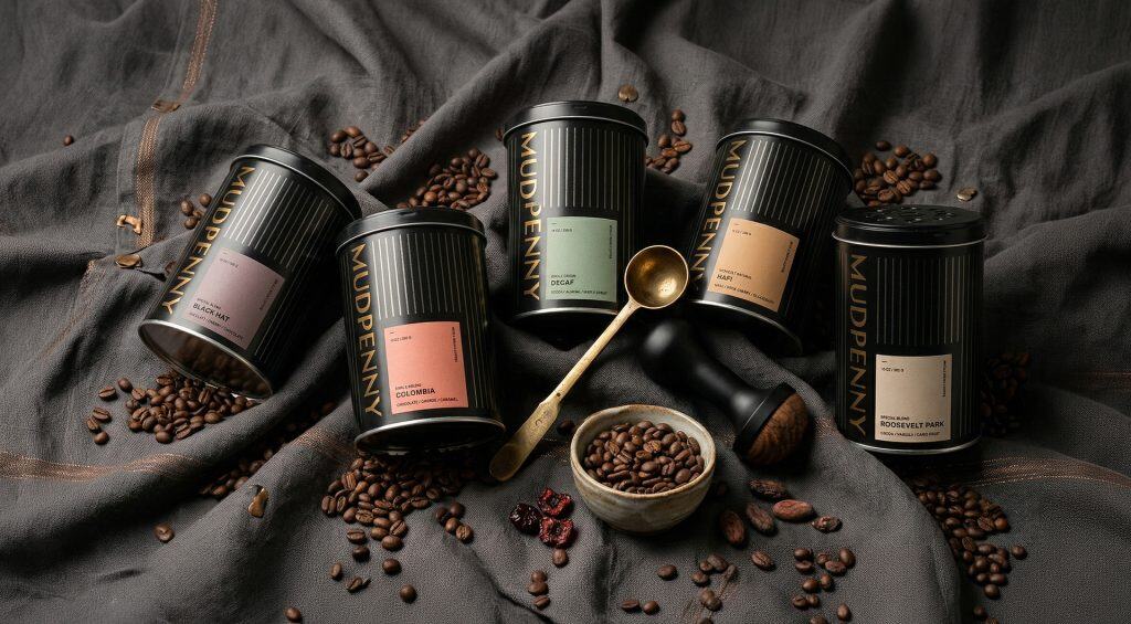 Premium Mudpenny coffee jars with roasted beans and flavors.