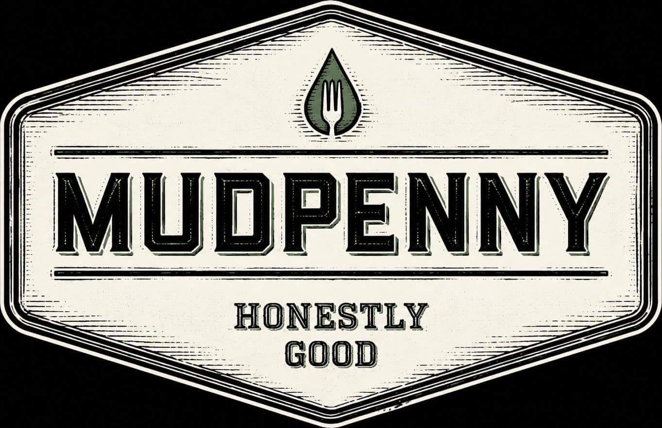 Mudpenny logo featuring "Honestly Good" tagline, black and white design.