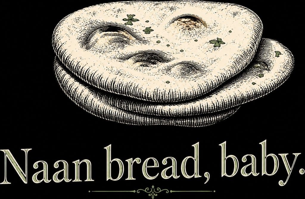Close-up of naan bread with herbs on a dark background, emphasizing fresh baked flatbread.