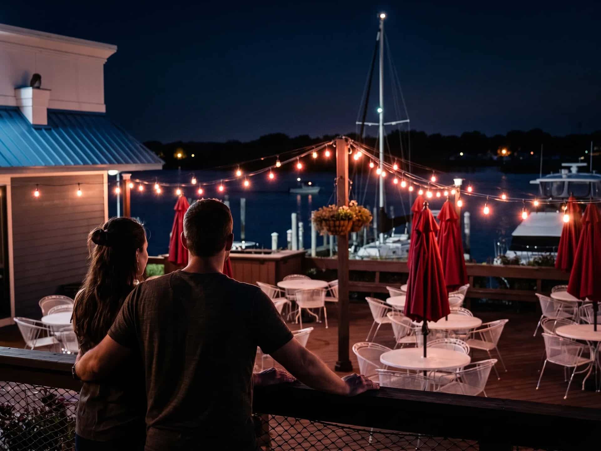 Alfresco dining at Spring Lake with string lights and boats in the background.