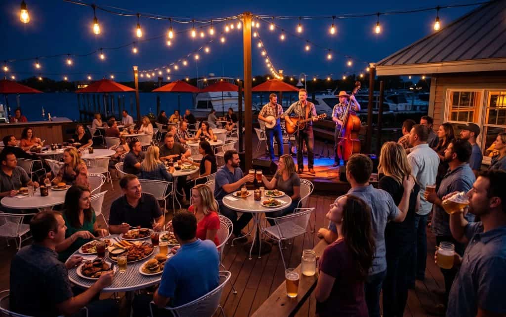 Vibrant outdoor gathering at Spring Lake with live band, dining, and socializing.