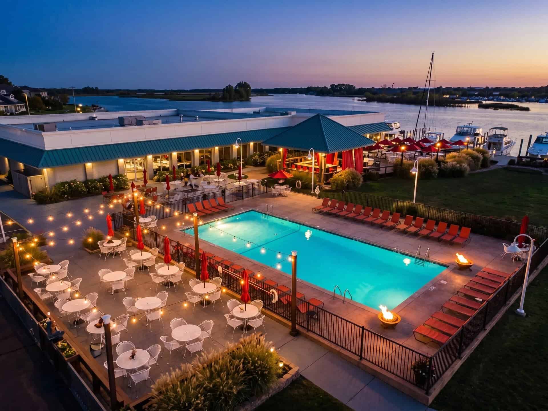 Beautiful waterfront resort with pool and outdoor dining at Spring Lake.