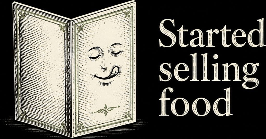 Vintage book with a smiling face illustration, promoting food sales.