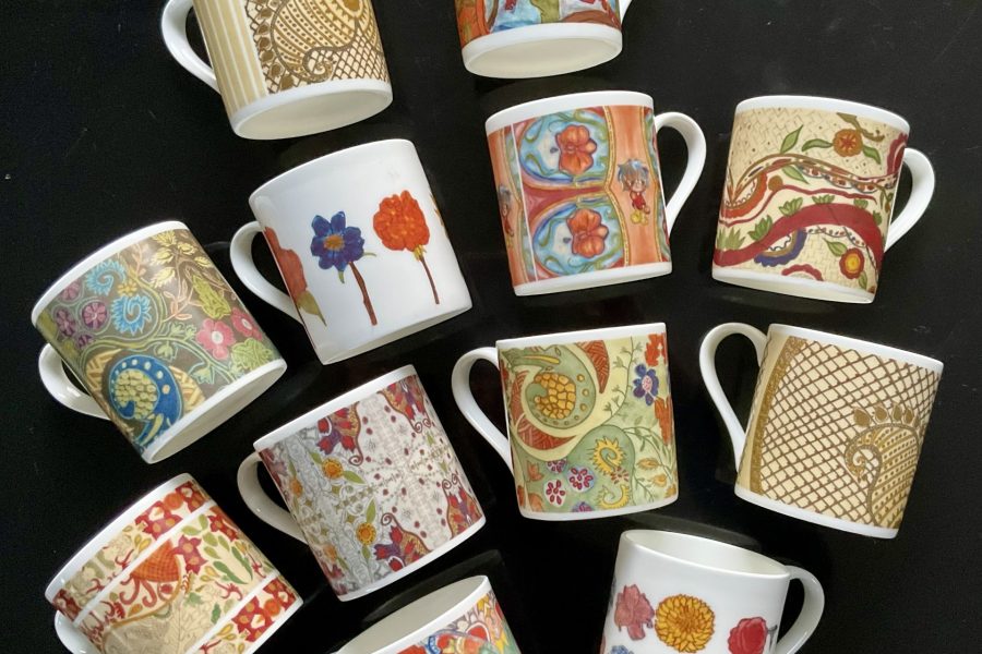 Mugs produced with designs by Evesham Vale Welcomes Refugees women's group