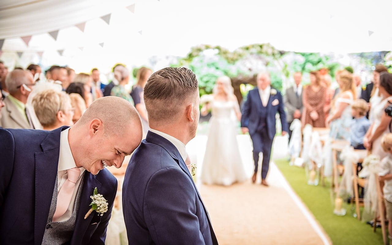 First look reaction photograph Parley Manor wedding ceremony