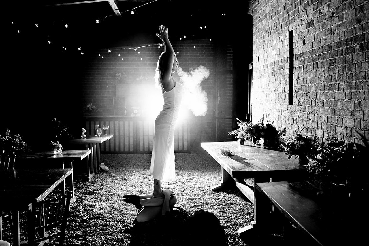 Marshwood Manor bride practices yoga cold wedding evening black white documentary photo wedding photography gallery example