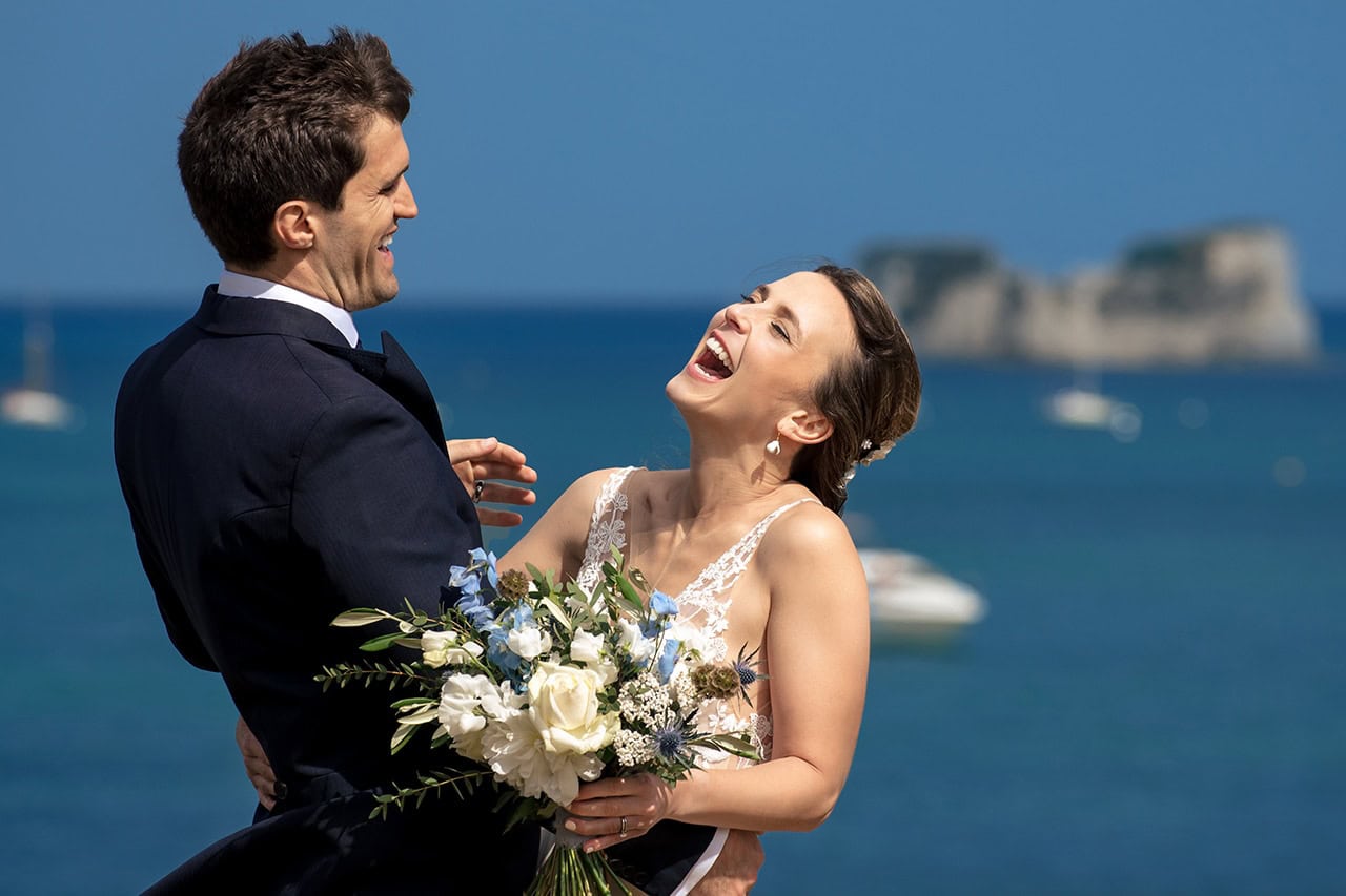 Studland Bay House wedding photograph bride groom Dorset coast seaside overlooking old harry rocks
