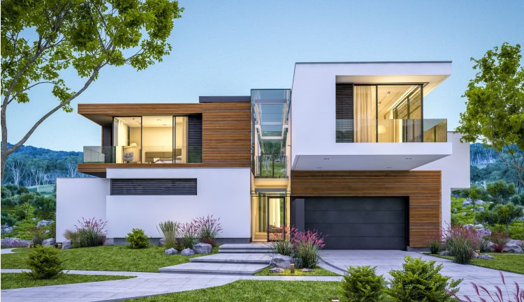 front of modern white and wood house